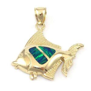 14K Yellow Gold Pendant Blue Green Opal Tropical Fish